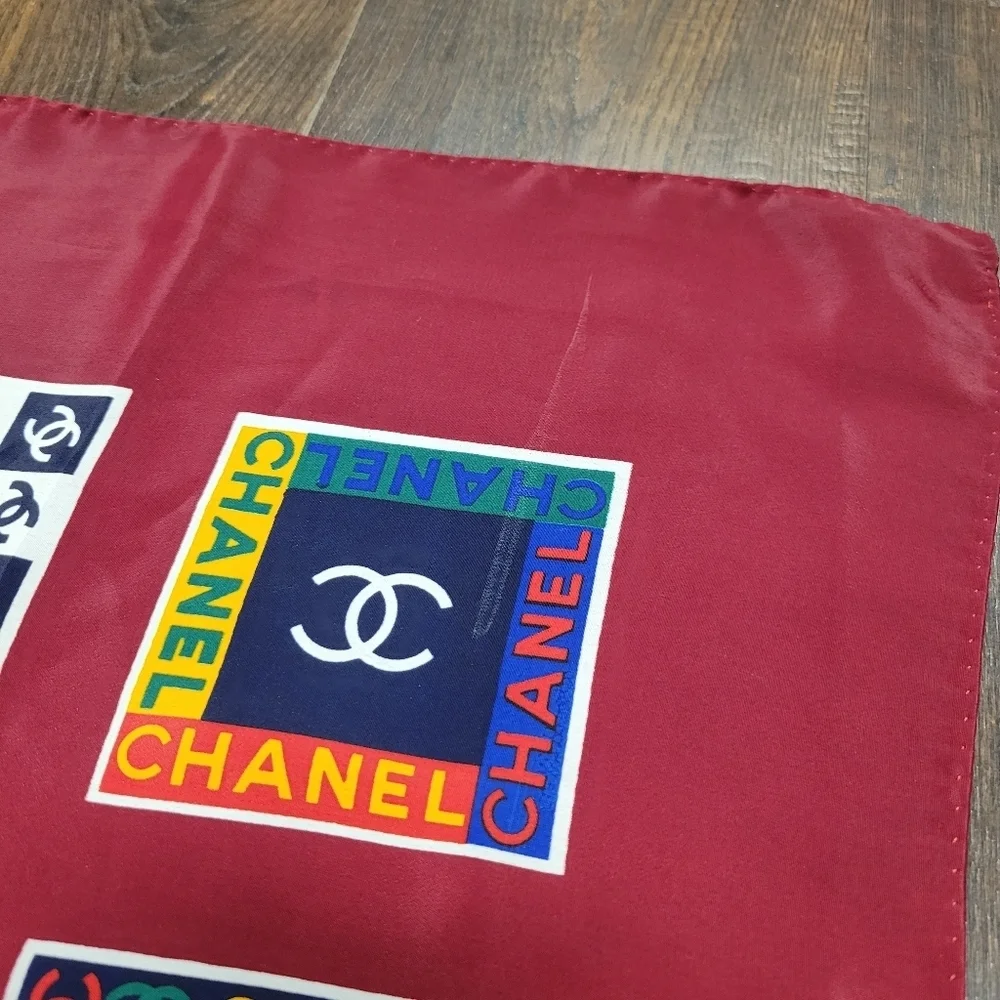 CHANEL Vibrant Geometric Logo Multicolor 100% Silk Scarf Burgundy 35x35
